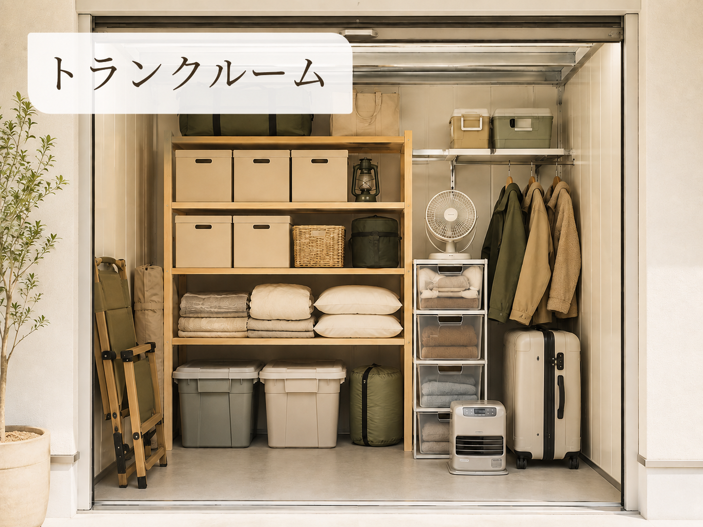 収納ボックスや衣類、キャンプ用品、扇風機やヒーターなどが整理整頓されて収まっているトランクルームの内部